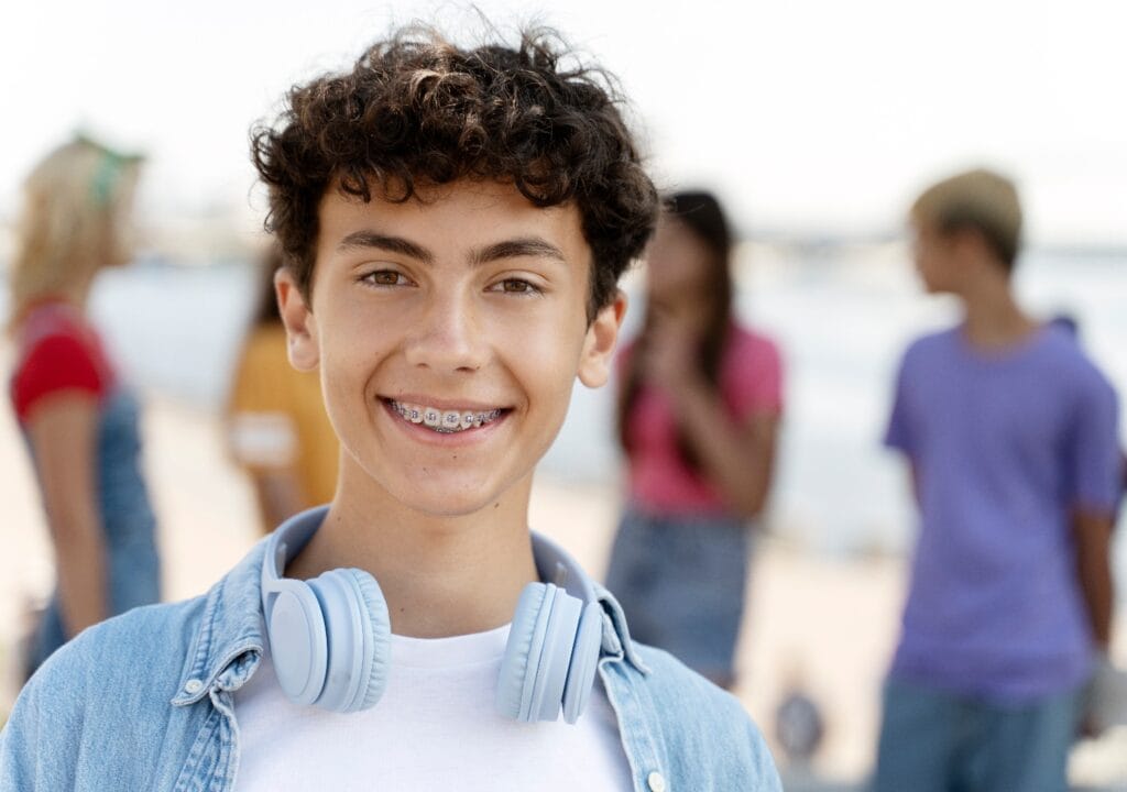 Portrait of smiling teenager with braces wearing headphones looking at camera standing on the street with friends on background. Summer concept